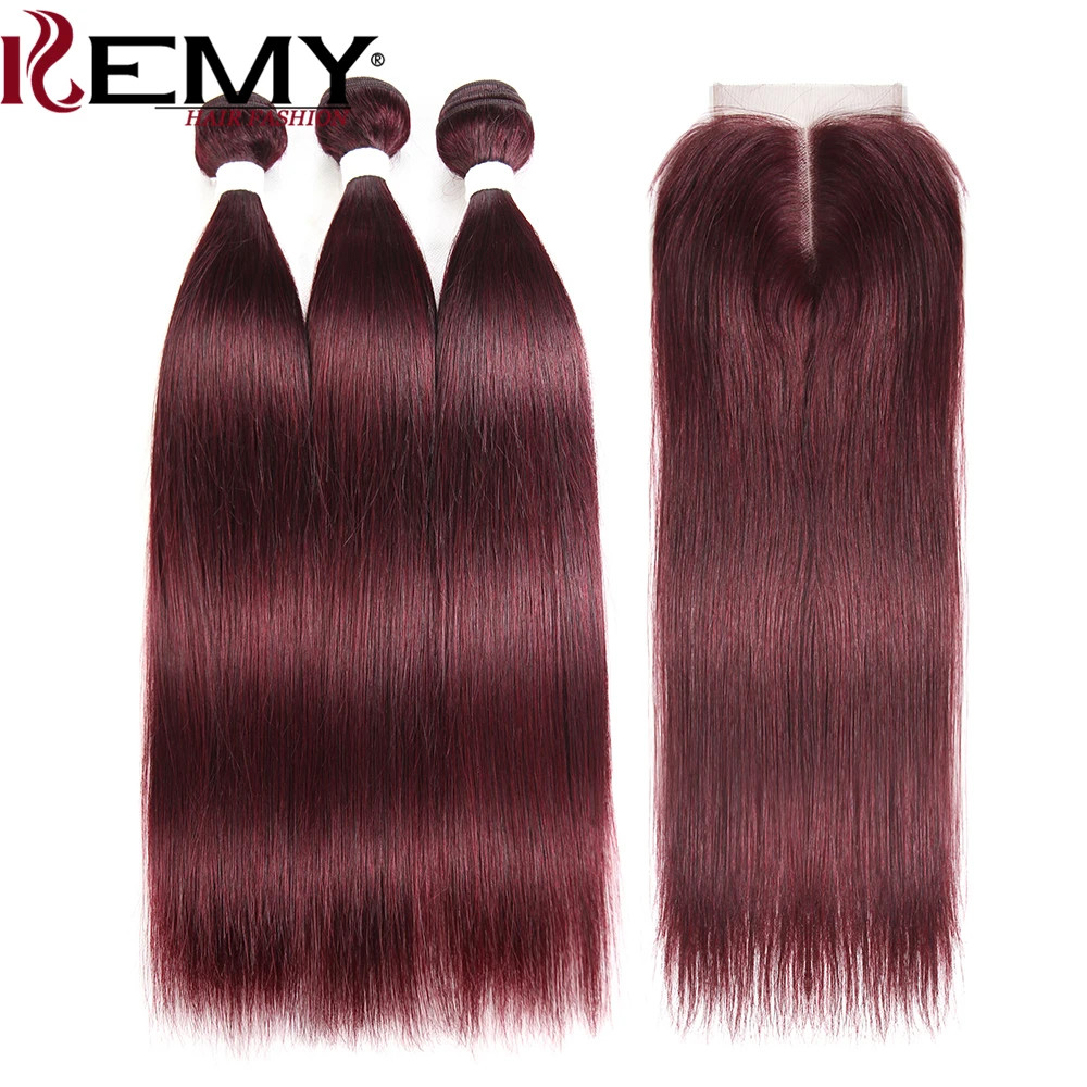 Pacotes de cabelo reto com fechamento 99J/Borgonha Vermelho Colorido Cabelo Humano Weave Bundles Com Fechamento Cabelo Remy Brasileiro 3 PCS