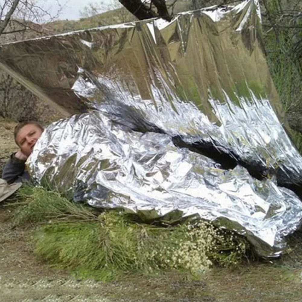 Selimut termal Mylar, selimut ruang Foil tahan air, pertolongan pertama, tirai penyelamatan, selimut militer termal, dapat digunakan kembali