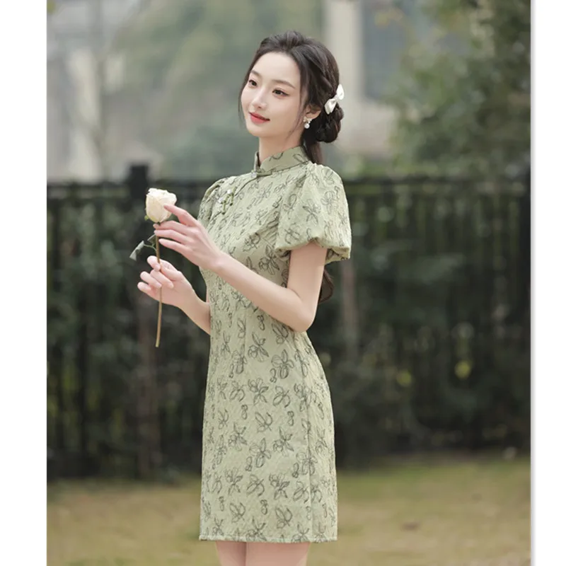 تنورة صغيرة بأكمام منتفخة قصيرة من شيونغسام تشي باو للربيع والصيف، كاجوال للفتيات لتحسين الموضة الجديدة