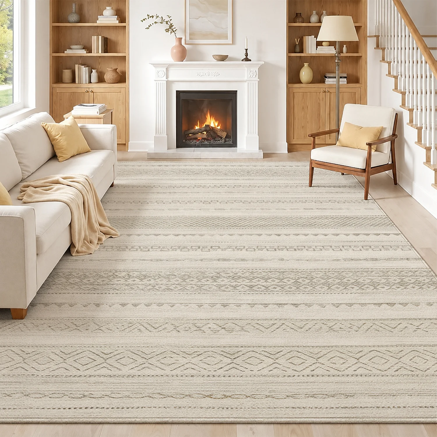 Large Indoor Area Rug, Soft Velvet Low Pile Floor Rug with Non-Slip Dotted Backing, Machine Washable Neutral Gray Vertical Geometric Stripe Boho Rug for Living Room Bedroom Entryway