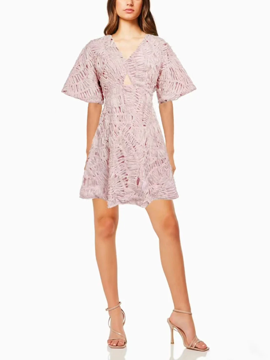 TWOTWINSTYLE Solid Slimming Hollow Out Mini Dresses For Women V Neck Short Sleeve High Waist Dress Female Fashion Style Clothes