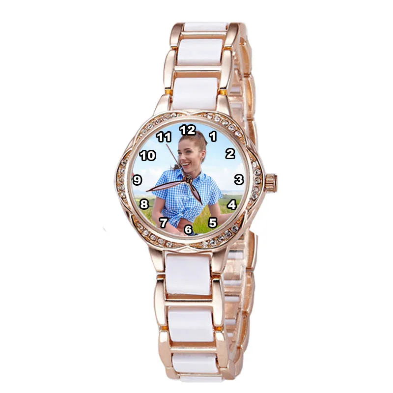 A4401w personalizado com logotipo próprio relógio strass diamante cor dourada relógio personalizado mostrador presente para namorada pulseiras fotográficas femininas