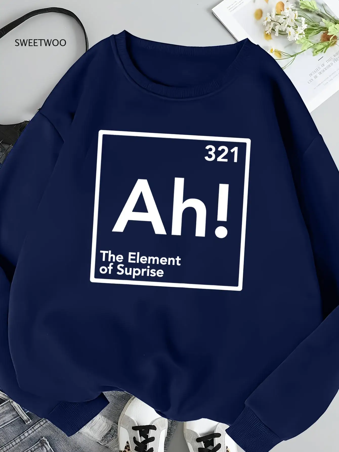 

Women's Navy Blue Crewneck Sweatshirt - Soft Pullover with Bold "321" & "ah! The Element of Surprise" Graphic, Machine Washable