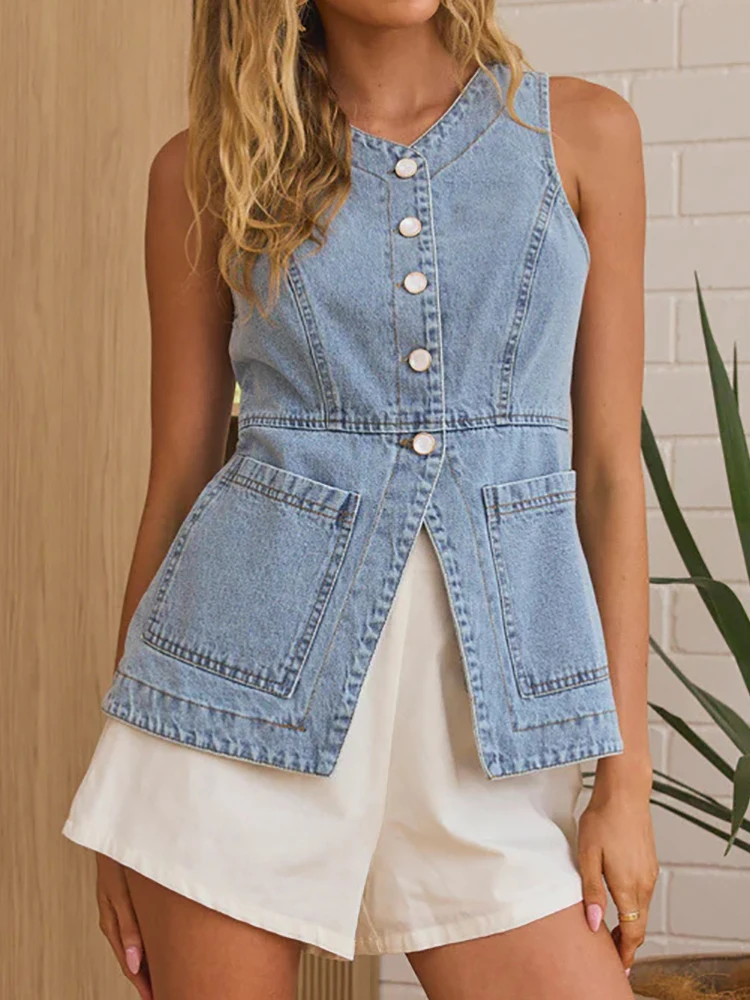 Gilet semplice chic patchwork tascabile, camicette estive da donna senza maniche con bottoni alla moda, camicie da donna dolci con cardigan con scollo a V 2025