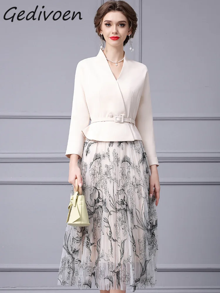 

Gedivoen Autumn Fashion Runway Black Vintage Skirt Set Women V Neck Sashes Slim Suit Coat+Elastic Waist Print Skirt 2 Pieces Set