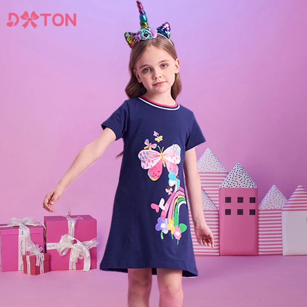 

DXTON Short Sleeve Kids Dress For Girls Butterfly Summer Girls Casual Dresses Floral Rainbow Cotton Children Vacation Clothing