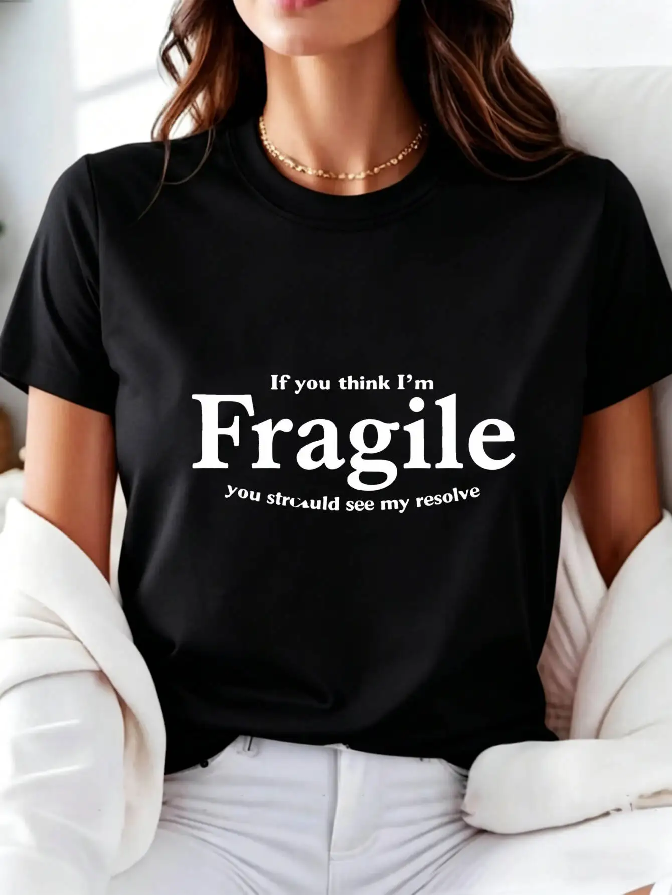 T-shirt pour femme avec impression « Fragile », col rond, coupe ample, manches courtes, pour un usage quotidien et comme haut décontracté