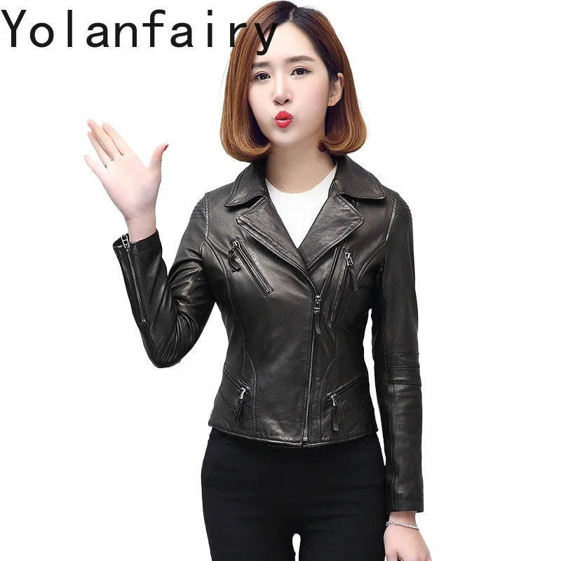 YOLANFAIRY سترة جلدية حقيقية قصيرة للغاية للنساء لربيع وخريف معطف جلد الغنم الحقيقي النحيف ملابس عصرية للدراجات النارية