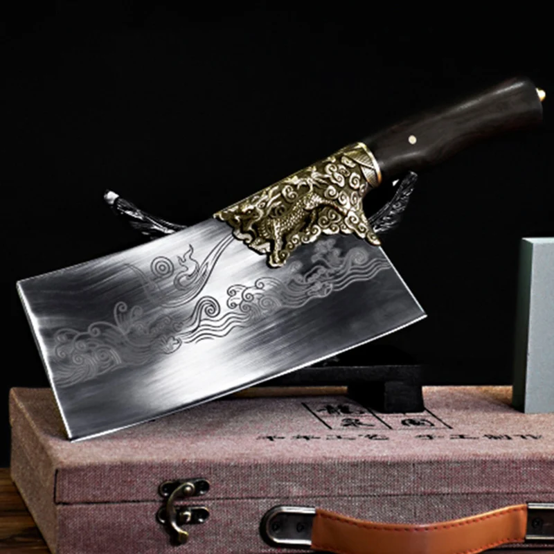

8.5 Inch Chopper Knife Copper Kirin Decor Ebony Handle Sharp Chop Cleaver Slicing Longquan Kitchen Knives Meat And Poultry Tools