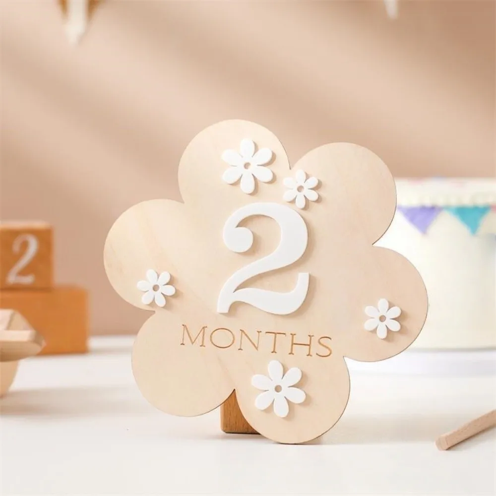 Calendar Newborn Growth Commemorative Card Wooden Handmade Baby Milestones Card 1-12 Month Flower