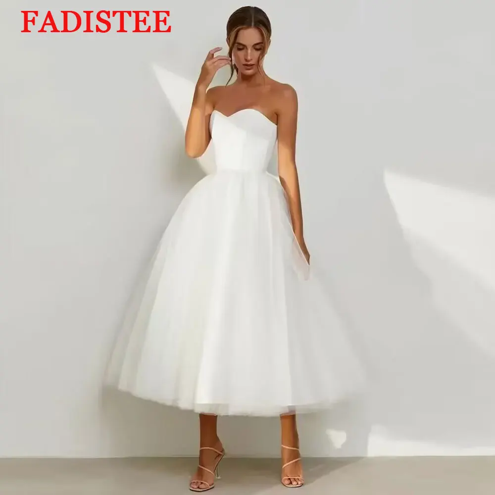Aangepaste eenvoudige strapless galajurken A-lijn bruiloft feestjurk Robe De Soiree avondjurken theelengte