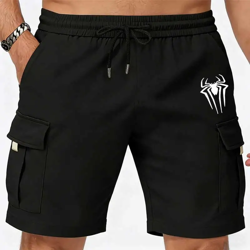 New Men's Spider Print Cargo Shorts Male Outdoor Overalls Elastic Waist Cycling Shorts Multi-pockets Work Beach Sports Shorts