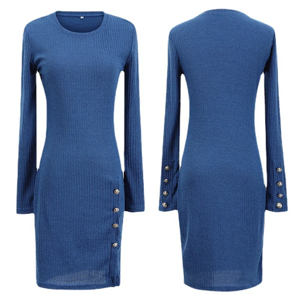 

Female Bodycon Dress Above The Knee Autumn Base Sweater Button Casual Crew-Neck Long Sleeve Plain Short Slim Fit