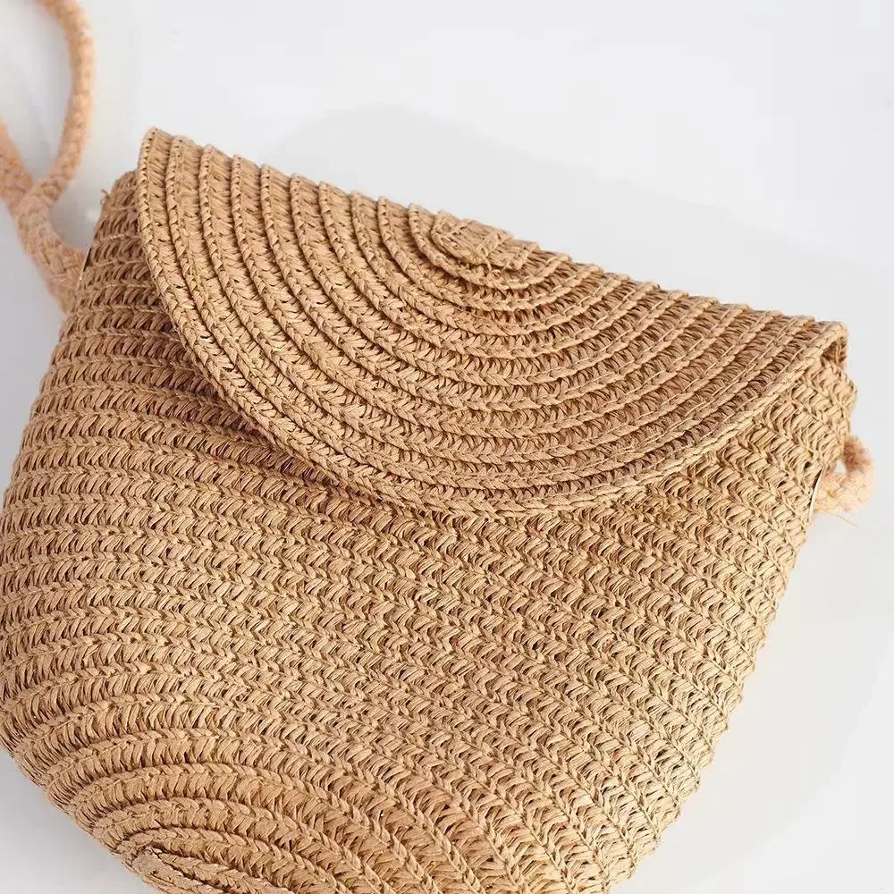 Saco de palha para crianças, saco tecido à mão do rattan, bolsa de ombro para a praia, verão