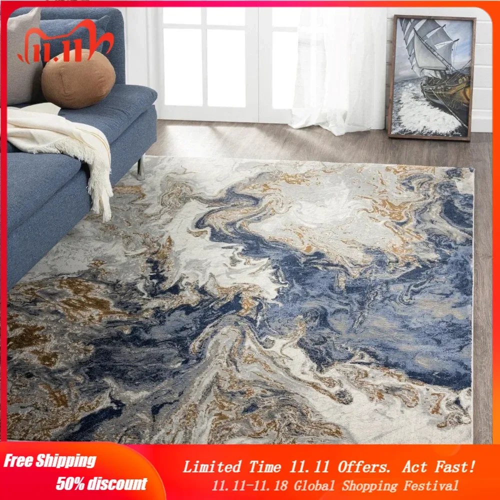 Marble Swirl Abstract Area Rug, Blue 9x12