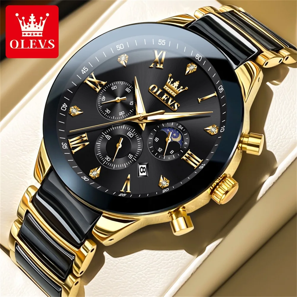 

OLEVS Black Ceramic Strap Watch Men Chronograph Moon Phase Waterproof Men's Wristwatch Top Luxury Original Quartz Watch for Men