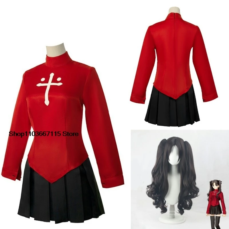 Anime Fate Stay Night Tohsaka Rin Cosplay Costume Wig For Girls Children Red Shirt Skirt Stocking Hairpins Set