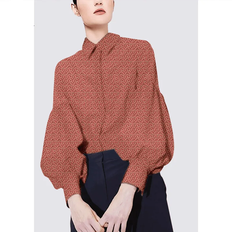 Vintage Fashion Printing Single-breasted Blouse Women New Classic Loose Lantern Sleeve Slim Temperament Lady Chiffon Shirt