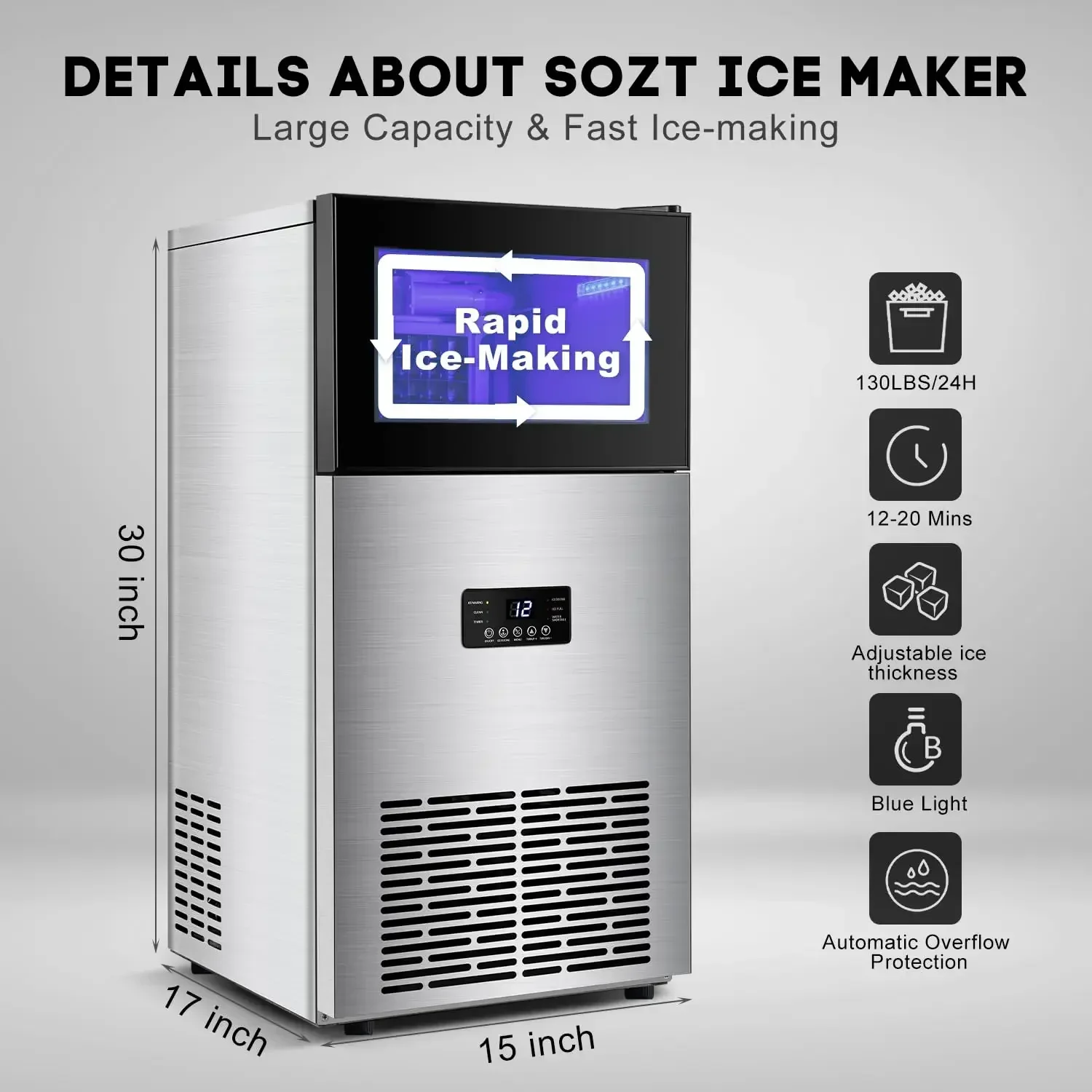 Commercial Ice Maker Machine 130LBS/24H with 35LBS Storage Bin, Stainless Steel Undercounter/Freestanding Ice Cube Maker for Hom