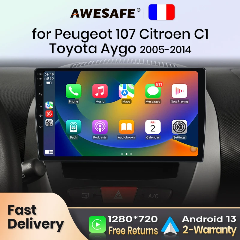 AWESAFE  Car Radio Autoradio for Peugeot 107 Citroen C1 Toyota Aygo 2005-2014 Wireless Carplay Screen Android Auto Stereo France