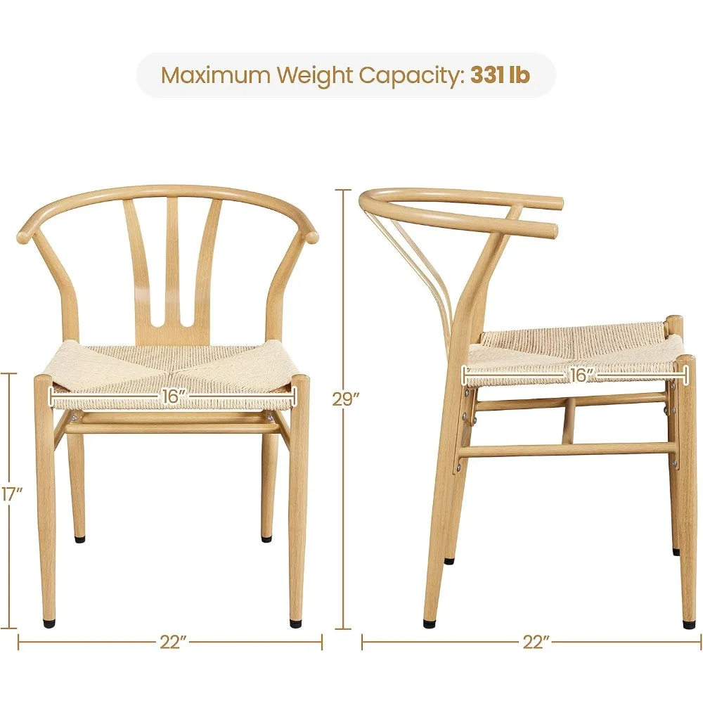 ترقية جديدة - مجموعة كراسي تناول الطعام المنسوجة مكونة من 4 كراسي غرفة طعام حديثة في منتصف القرن مقعد منسوج من القنب، لون خشبي، متينة وقوية