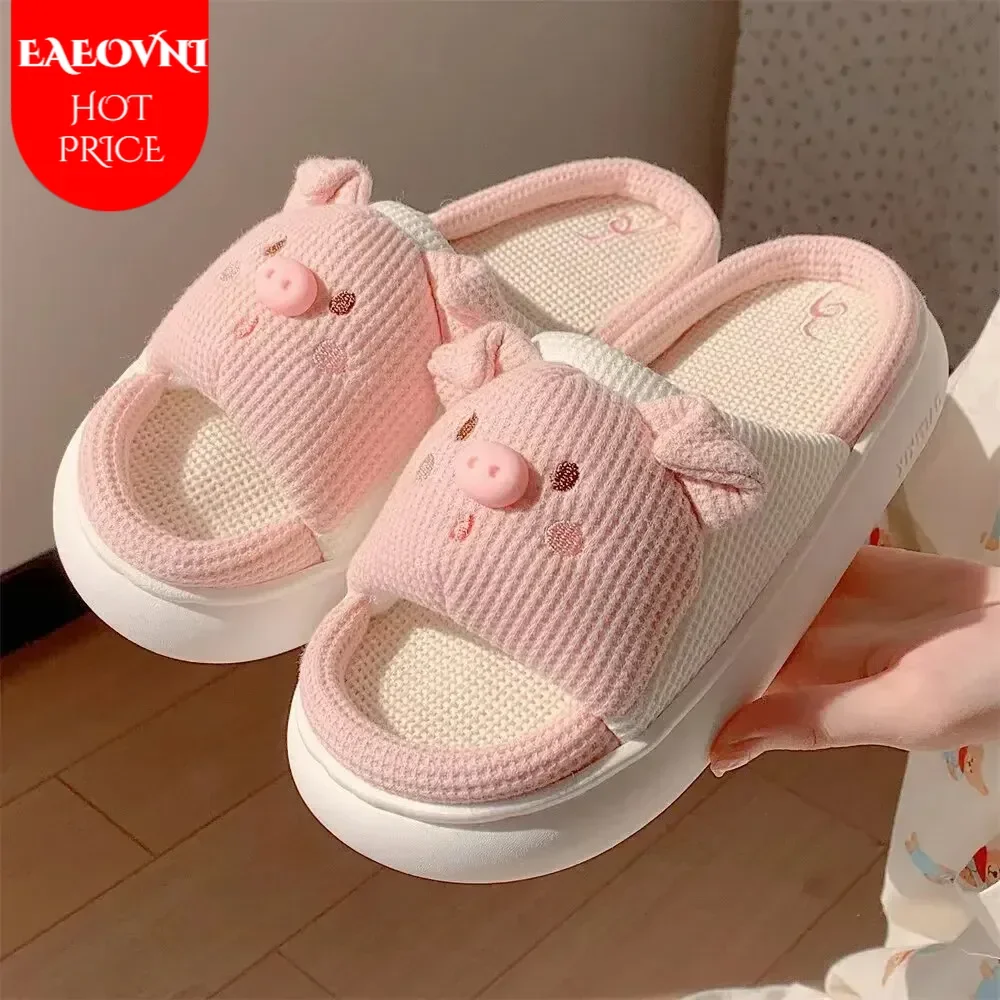 Slippers for Women Linen Cotton Home Shoes Thick Soft Sole Lovely Pig Non-slip for Outdoor for Four Seasons Korean Style