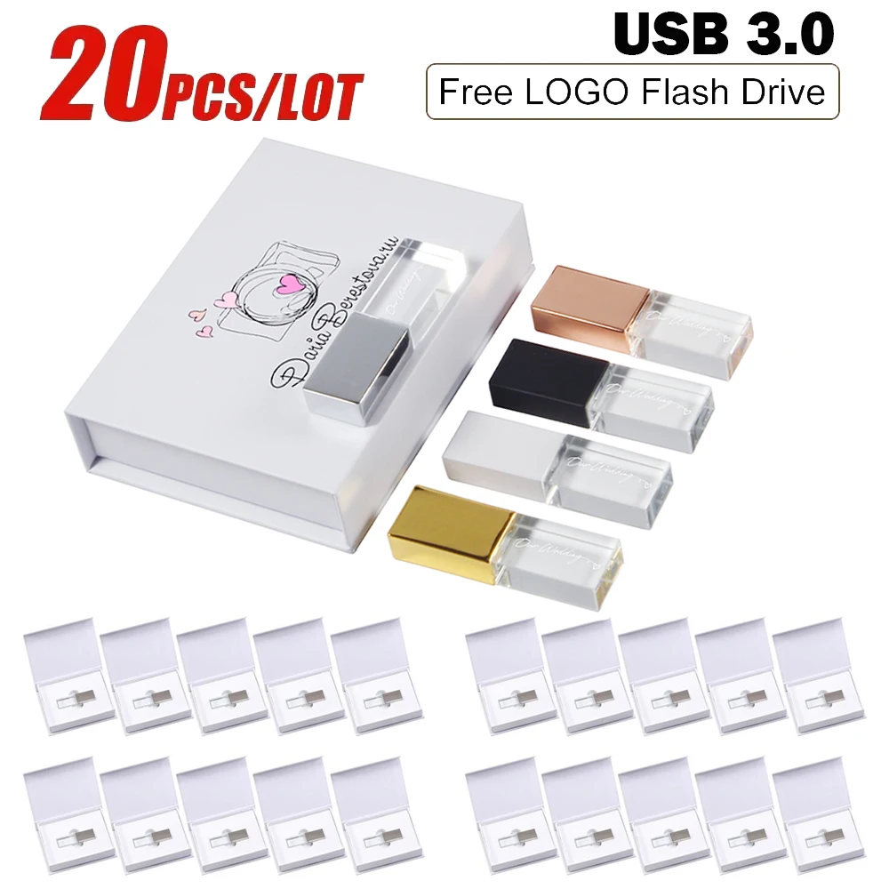 

20 шт./лот, флэш-накопитель Crystal USB 3,0, 128 ГБ, 32 ГБ U-диск, 4G, бесплатная цветная печать, индивидуальные свадебные подарки