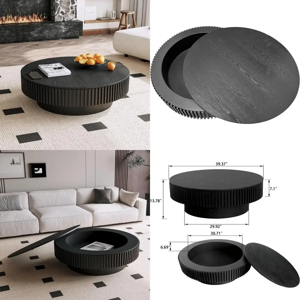 طاولة قهوة مستديرة على طراز المزرعة 39.37 مع مساحة تخزين لغرفة المعيشة والشقة والمكتب باللون الأسود #1