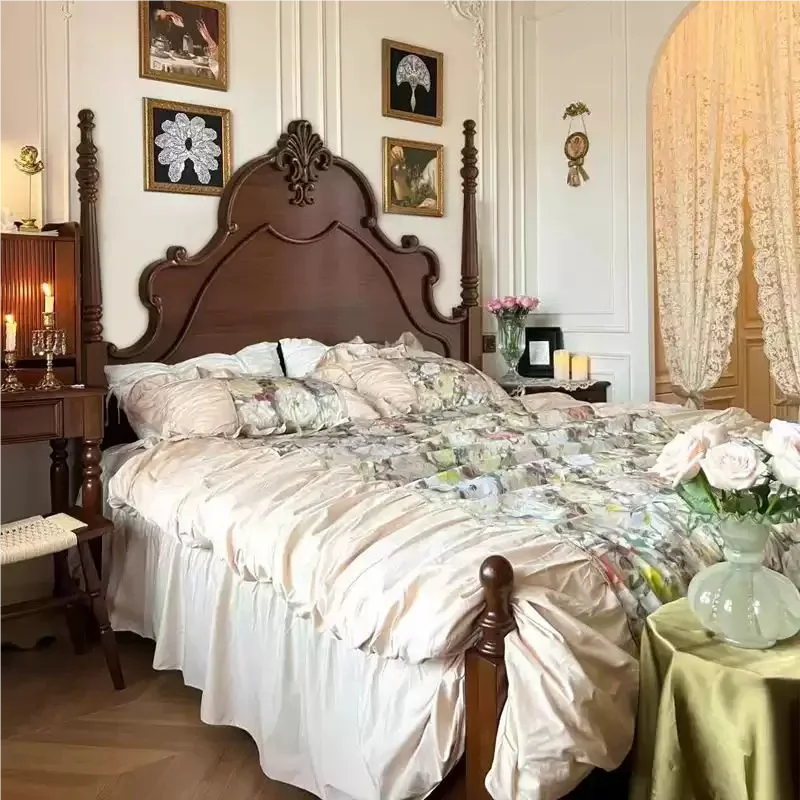 

Luxury European Bed High End Solid Wood Princess Confortable Light Luxury Bed Vintage High Quality Design Muebles Home Furniture