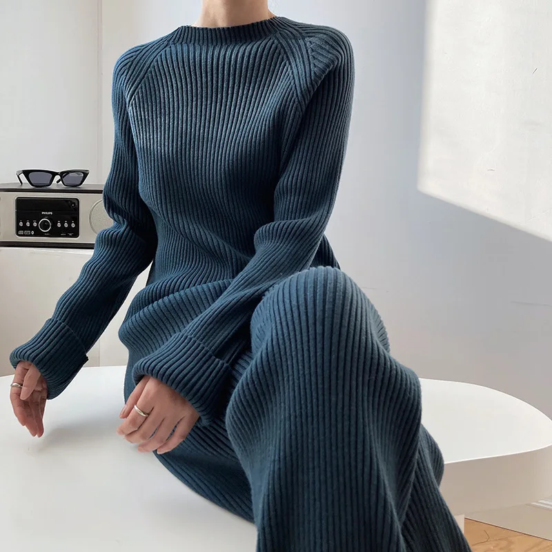 Two Piece Pant Sets Women Knit Thick Sweater Full Sleeve Stand Collar Casual Straight Trousers Solid Splice Autumn Winter