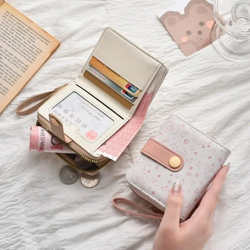 Zipper Wallet Cute Cat Women Girls Purse with Waist Strap Built-in ID Credit Slot Multi-layer Portable Cards Insert Holder Bag