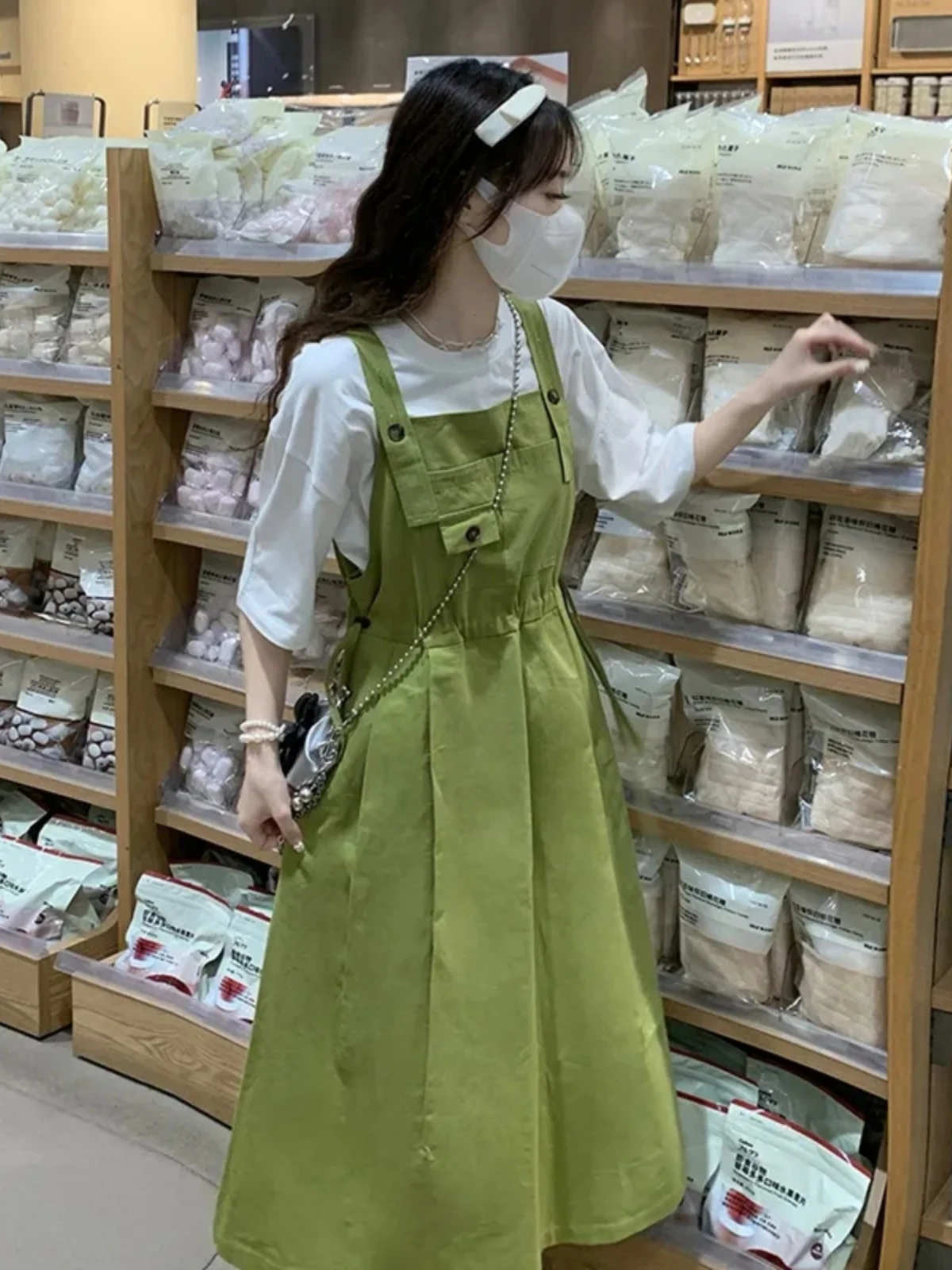 포레스트 시스템 디자인 달콤하고 짭짤한 컬리지 스타일 스트랩 드레스 여성 티셔츠 학생 허리 조임 투피스 세트