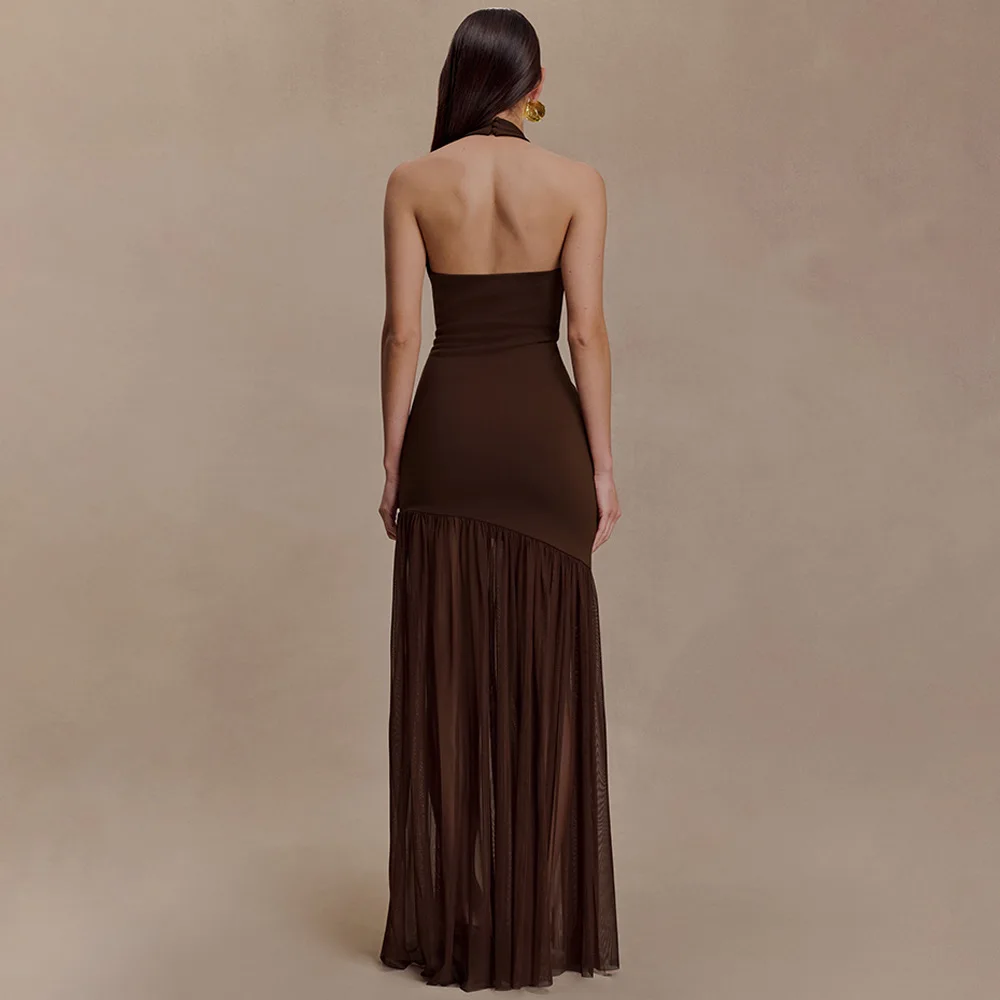 투트윈스타일 섹시 스플라이스 시스루 메쉬 맥시 드레스 여성용 홀터넥 민소매 패치워크 홀로우 백리스 바디콘 드레스 여성