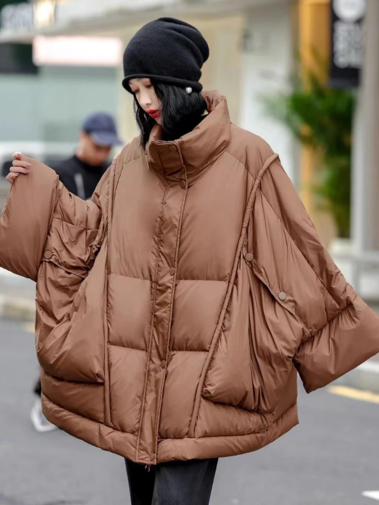 Abrigo acolchado de longitud media de gran tamaño para mujer, Parkas mullidas de nieve para invierno, prendas de vestir con capucha, corte en A, chaqueta gruesa holgada de plumón de pato 90, novedad de 2025