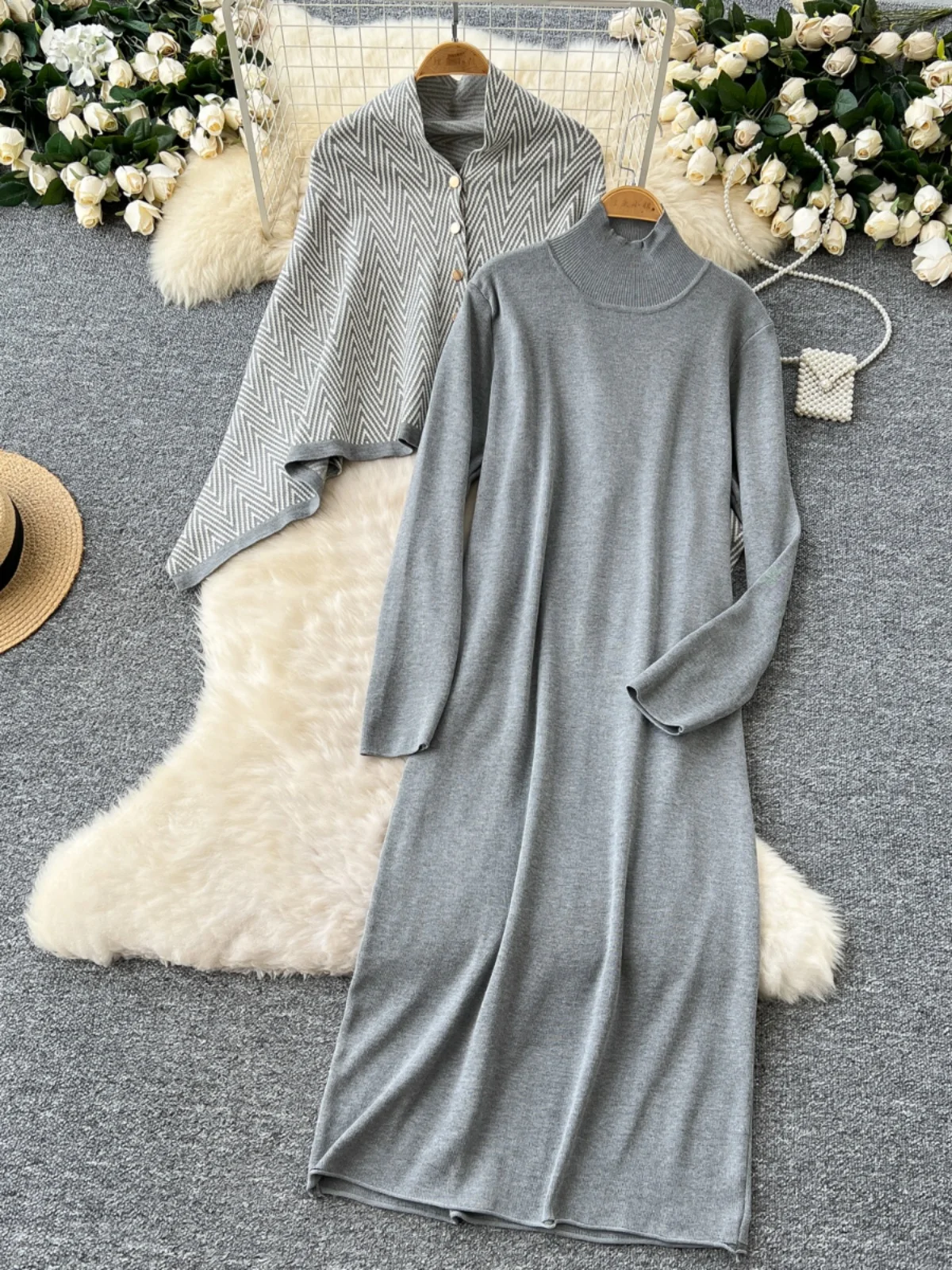 

Laid-ba Sle Women's Knitted Sweater Set Loose Slimming Long Sve Dr Plaid Cloak Coat Winter Faion Two-Piece Suit