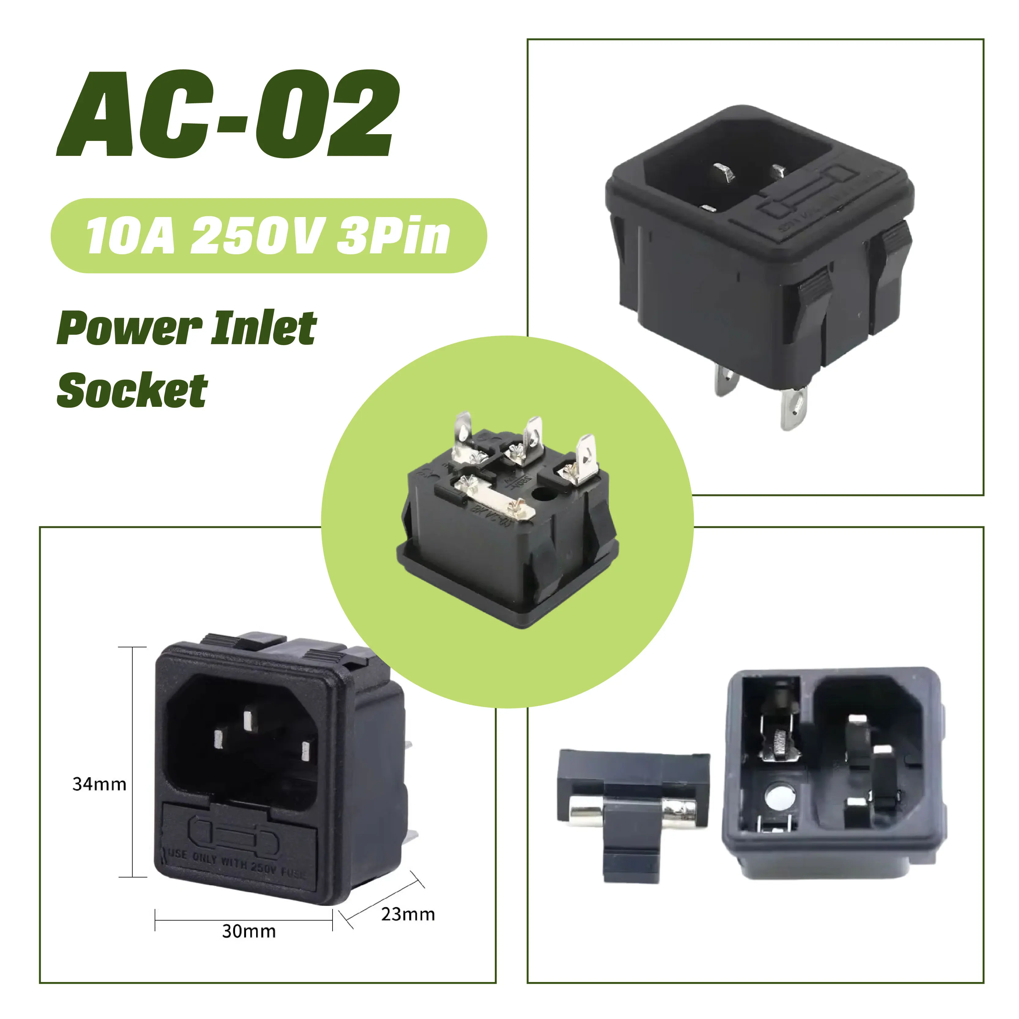 

IEC320 Electrical AC Socket 3 Pin Red LED 250V Rocker Switch 10A Fuse AC-02 Male Inlet Plug Connector