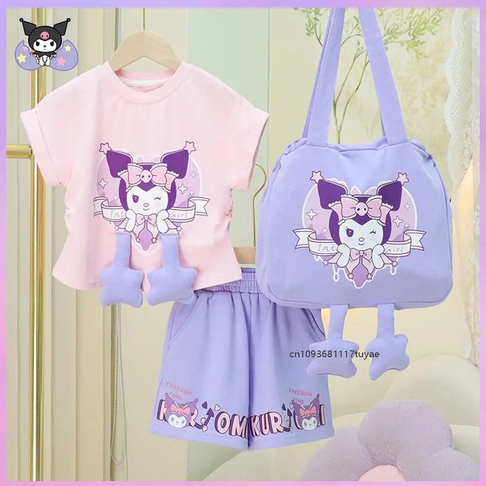 

Kawaii, летняя новая детская футболка Kuromi, комплект аниме Sanrios, хлопковые модные шорты с короткими рукавами, повседневный спортивный костюм с сумкой, подарок