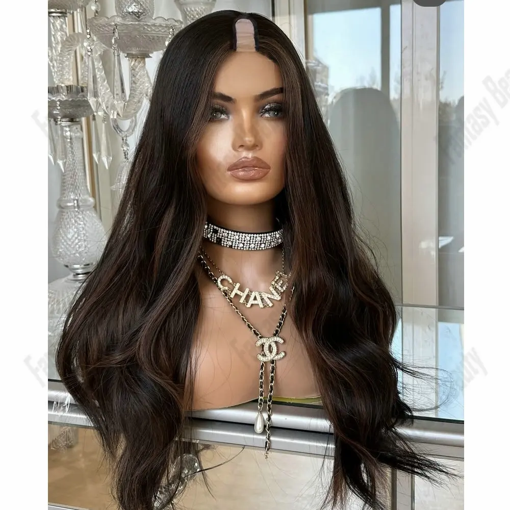 

1x4 Size U Part Wig 100% Human Hair for Women Natural Wave Copper Brown Hightlight Glueless V Part Wig Easy Wear European Hair