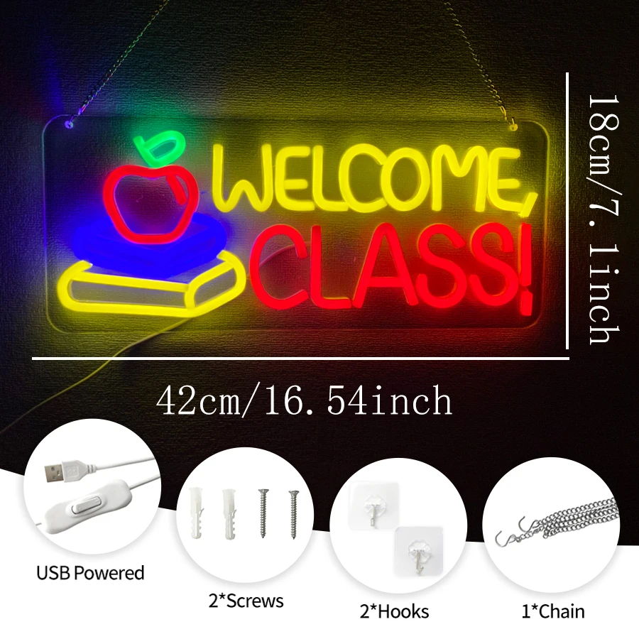 Welcome Class Led Neon Sign, Apple Book Icon Used For Wall Decor, Classroom, Library, Dormitory, School Party Art Wall Lamp.