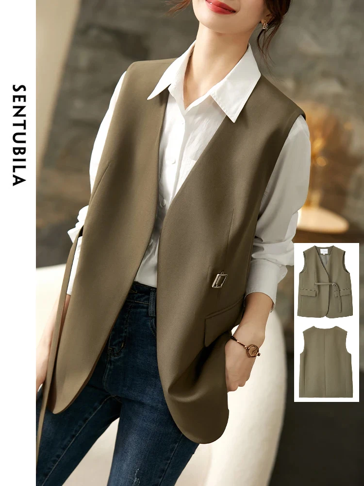 SENTUBILA Elegant Waistcoat for Women 2024 Spring Office Wear Fashion Jacket Vest Sleeveless Straight V-neck Blazer 123J44415