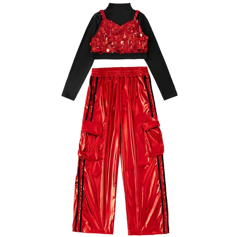 새로운 소녀 재즈 댄스 의상 빨간색 스팽글 댄스복 세트 크롭 긴팔 상의 헐렁한 바지 그룹 케이팝 댄스 무대 공연복
