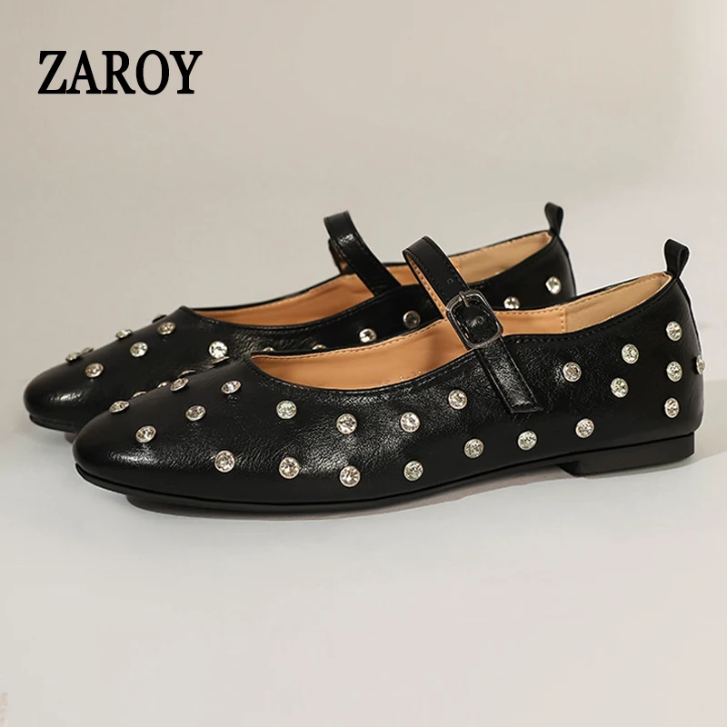 

ZAROY Rivet Mary Jane Shoes Women Fashion Brand Outdoor Ballet Flats Summer Round Toe Low Heel Rhinestones Zapatos Para Mujer