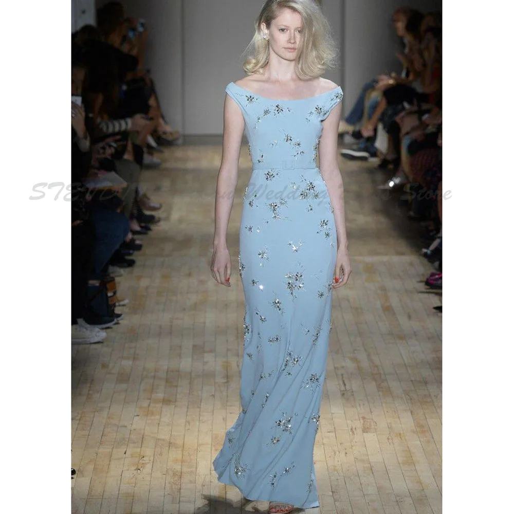

Chinese Style Off The Shoulder Short Sleeves Straight Evening Dresses Floor Length High Quality Alliques Formal Event Gowns