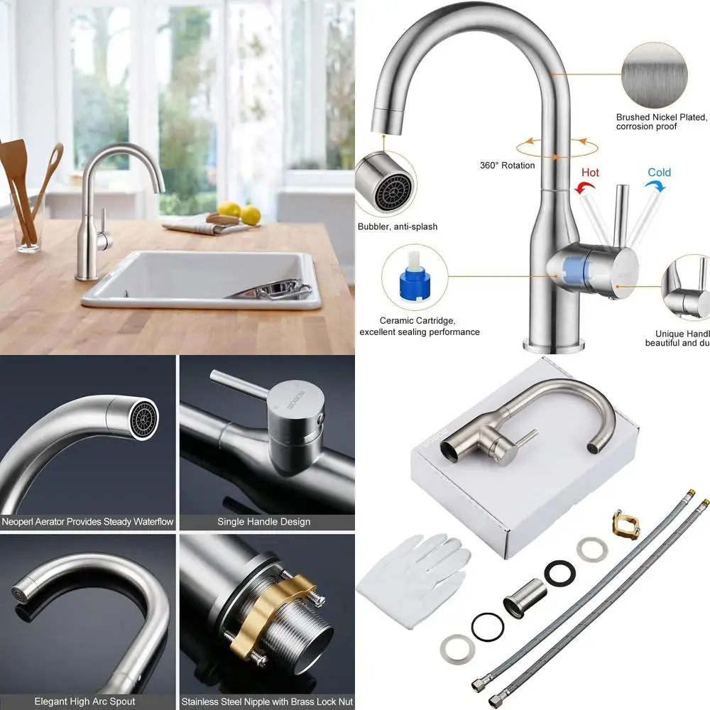 

Modern Brushed Nickel 1-Hole Kitchen Faucet with Water Supply Lines for RV Sinks