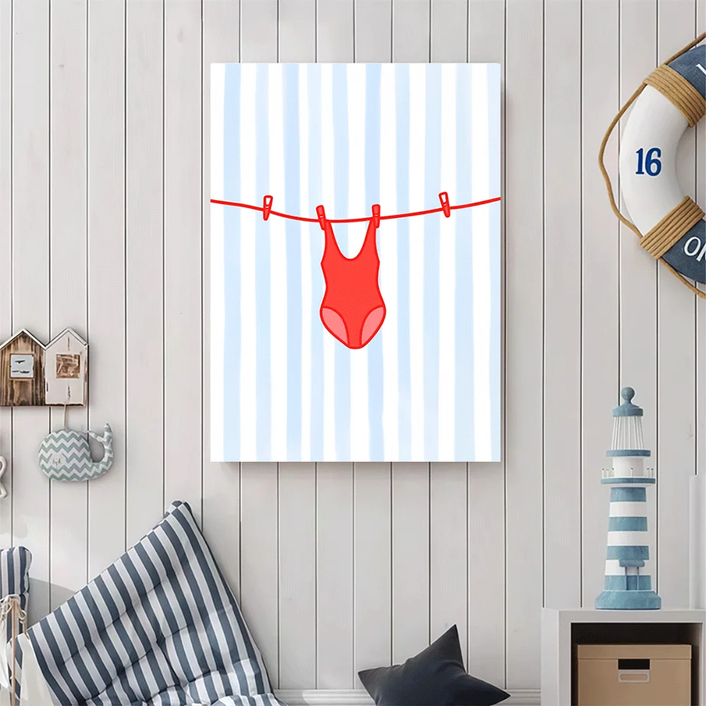 1PC-Unframed Canvas poster wall decoration  Red Swimsuit Hanging On Clothesline Summer Beach Wear Art Print
