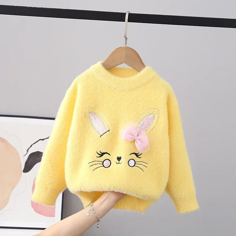 Girls Sweaters Baby Clothes Soft Smooth Flocking Pullover Bunny Bowtie Winter New Rabbit Children Knitted Sweater Child FY10201