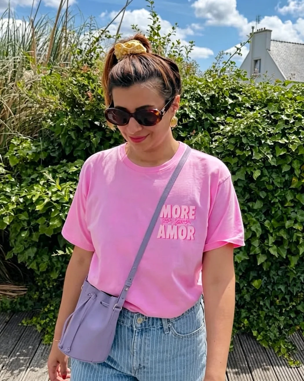 Sweet Women Hot Pink Cotton T-Shirt More Amor Spanish Slogan Graphic Loose Drop Shoulder Casual Summer Short Sleeve Beach Tee