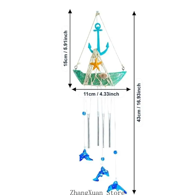 Seilnetz-Segelboot-Glockenspiel mit Delfin-Anhängern und Muschel mit 3 x – Detail 6
