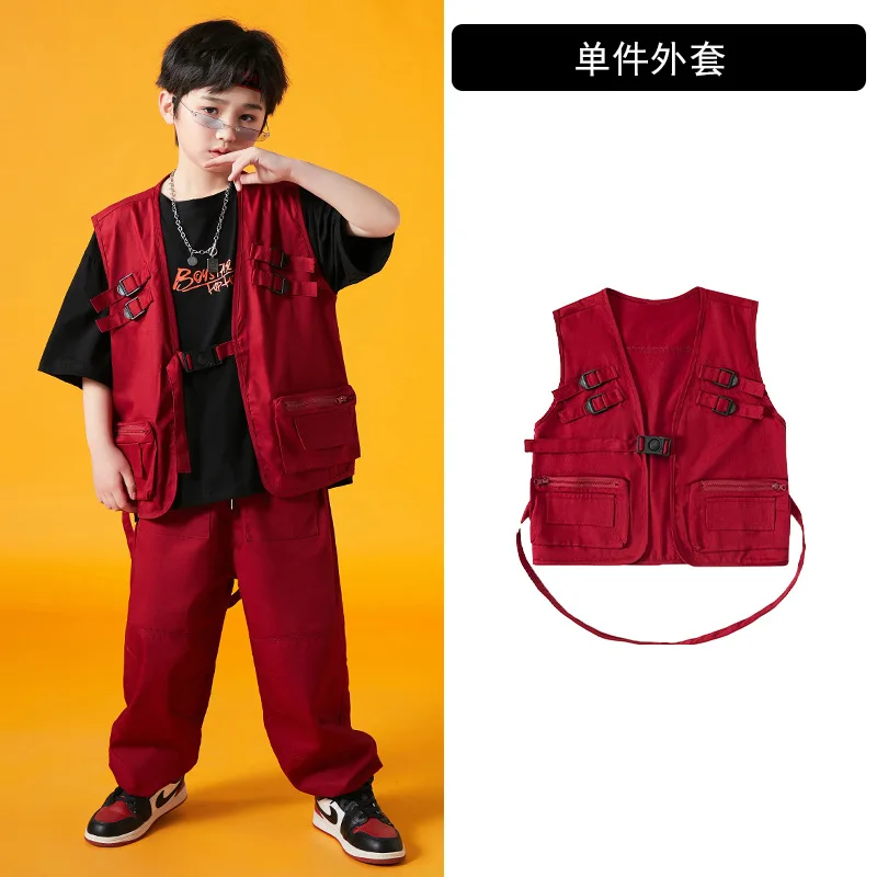 Monos para niños de 4 a 15 años, traje de chaleco rojo, pantalones de Hip Hop para niños, traje de chaleco rojo de moda de baile Jazz para niñas