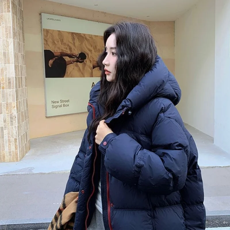 سترة قطن كورية للنساء سترة قطنية دافئة فضفاضة سترة عصرية بغطاء للرأس بسحاب إبداعي بألوان متباينة نمط جديد #2